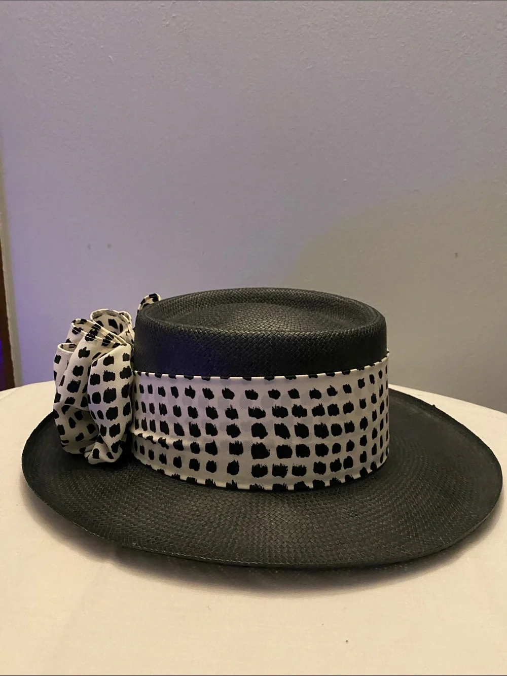 Black Straw Boater Hat with White Spot-Print Band